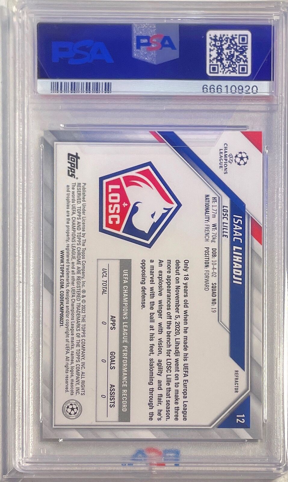 ISAAC LIHADJI 2021-22 TOPPS CHROME UCL REFRACTOR RC #12 PSA 10 GEM MINT POP 4