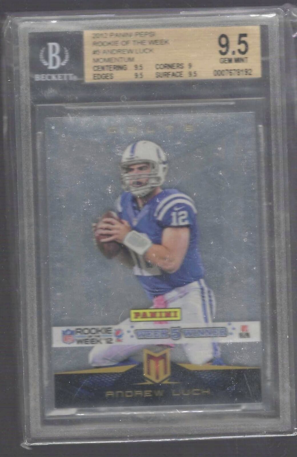ANDREW LUCK 2012 PANINI MOMENTUM PEPSI ROOKIE OF THE WEEK RC BGS 9.5 POP 1/1