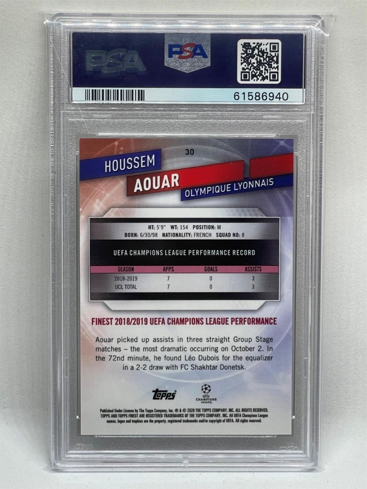 HOUSSEM AOUAR 2019-20 TOPPS FINEST UCL GOLD REFRACTOR RC #D 41/50 PSA 9 POP 3