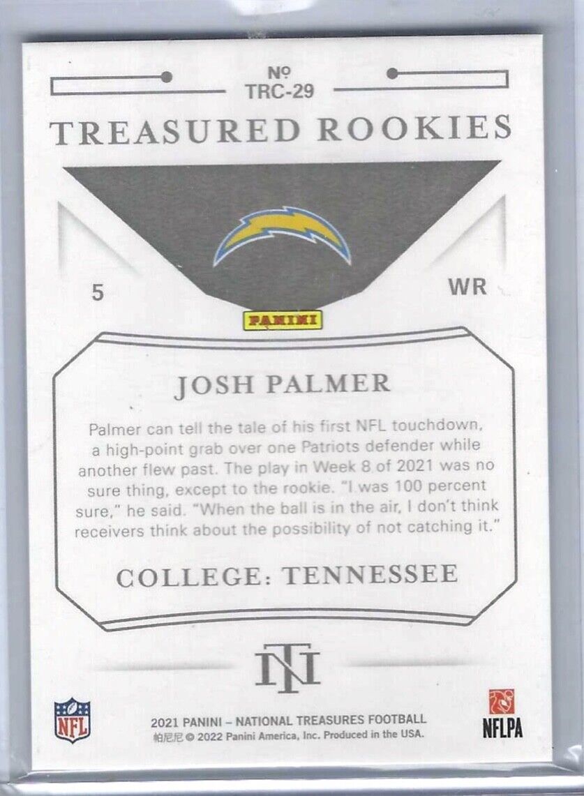 JOSH PALMER 2021 PANINI NATIONAL TREASURES TREASURED ROOKIES RC #D 99/99