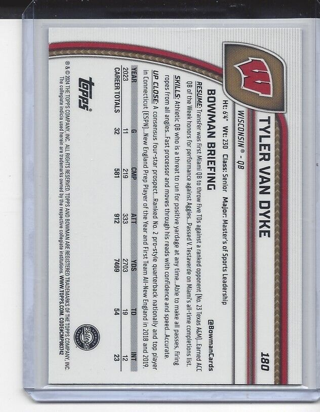 TYLER VAN DYKE 2024 BOWMAN CHROME UNIVERSITY WISCONSIN PURPLE REFRACTOR #D /399