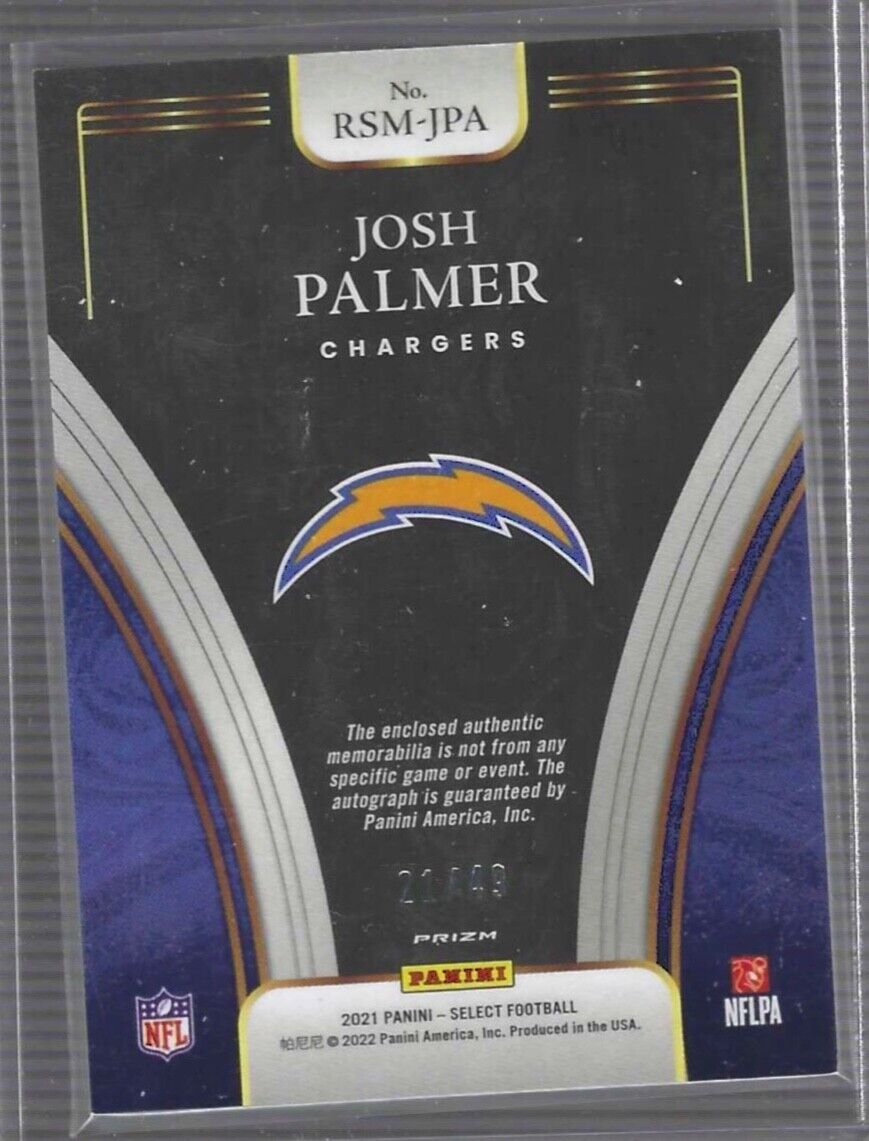 JOSH PALMER 2021 PANINI SELECT PURPLE PRIZM ROOKIE JERSEY AUTO RC #D 21/49