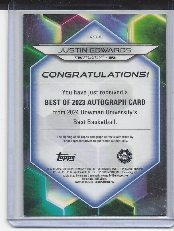 JUSTIN EDWARDS 2023 BOWMANS BEST UNIVERSITY KENTUCKY REFRACTOR AUTO #D /125