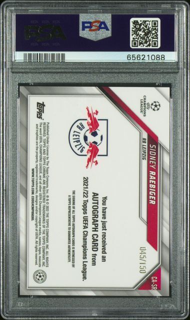 SIDNEY RAEBIGER 2021-22 TOPPS CHROME UCL BLUE REFRACTOR AUTO RC /150 PSA 10 GEM