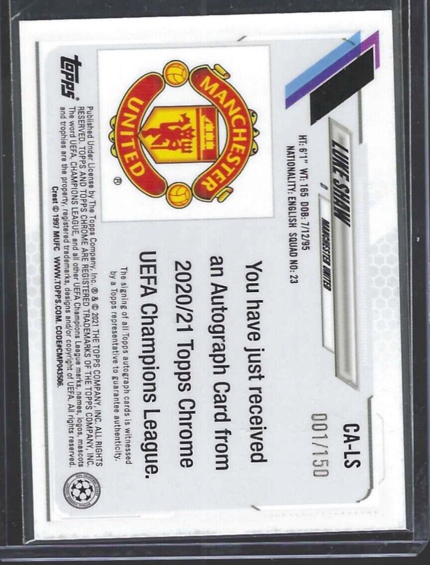 LUKE SHAW 2020-21 TOPPS CHROME UEFA BLUE REFRACTOR AUTO #D 001/150