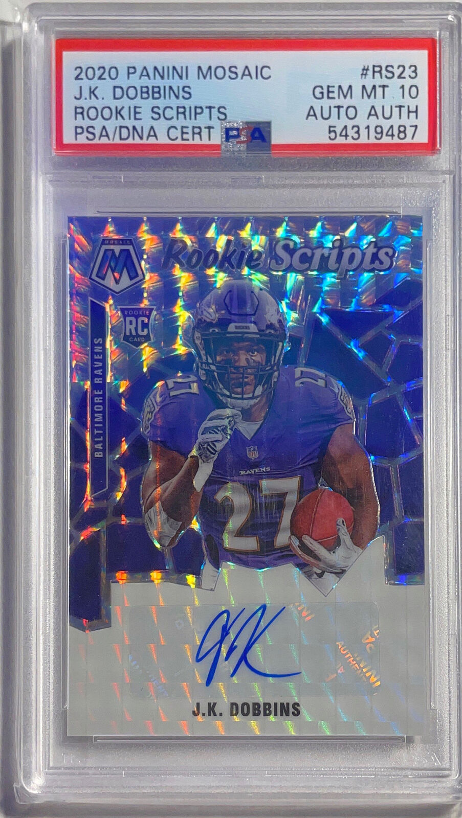 J.K. DOBBINS 2020 PANINI MOSAIC ROOKIE SCRIPTS AUTO RC #23 PSA 10 GEM MINT POP 2