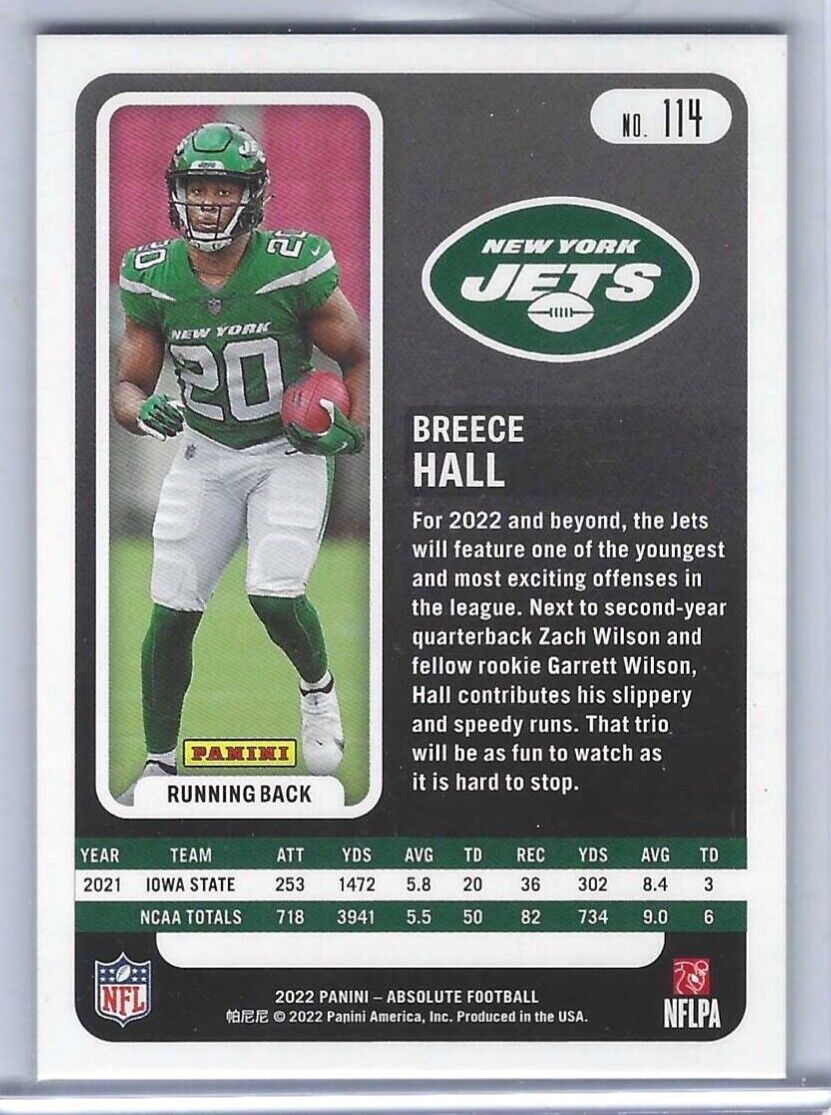 BREECE HALL 2022 PANINI ABSOLUTE SILVER FOIL ROOKIE RC #D 192/275