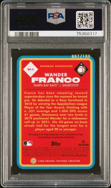 WANDER FRANCO 2022 BOWMAN ASCENSIONS AUTO RC #D 7/100 PSA 9 MINT POP 7