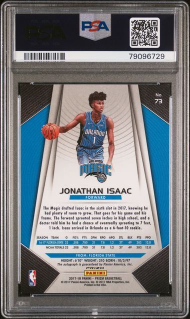 JONATHAN ISAAC 2017 PANINI PRIZM SILVER PRIZMS AUTO RC #73 PSA 9 MINT