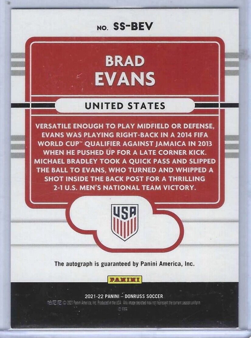 BRAD EVANS 2021-22 DONRUSS ROAD TO QATAR USA BLUE SIGNATURE SERIES AUTO #D 07/49