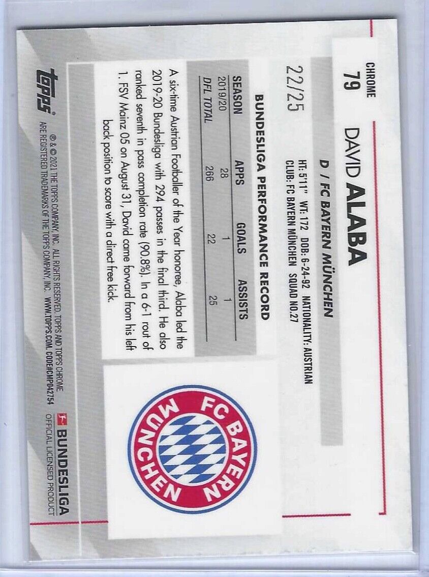 DAVID ALABA 2020-21 TOPPS CHROME BUNDESLIGA ORANGE REFRACTOR #D 22/25