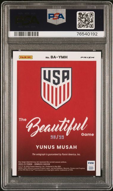 YUNUS MUSAH 2022-23 DONRUSS FIFA THE BEAUTIFUL GAME BLUE PRIZM AUTO /99 PSA 10