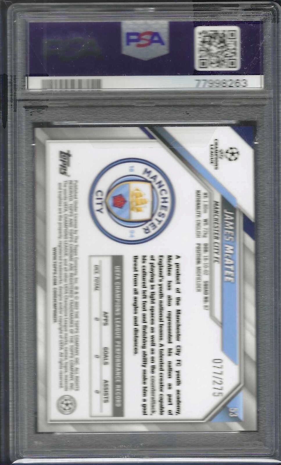 JAMES MCATEE 2021-22 TOPPS CHROME SILVER MINI DIAMOND RC /275 PSA 10 GEM POP 2