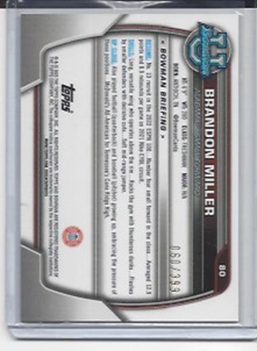 BRANDON MILLER 2023 BOWMAN CHROME 1ST UNIV PURPLE MINI DIAMOND REFRACTOR RC /399