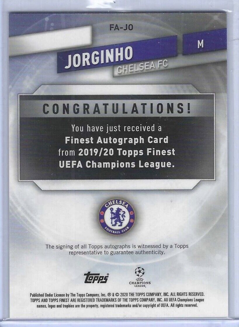 JORGINHO 2019-20 TOPPS FINEST UCL GREEN WAVE REFRACTOR AUTO #D 02/99