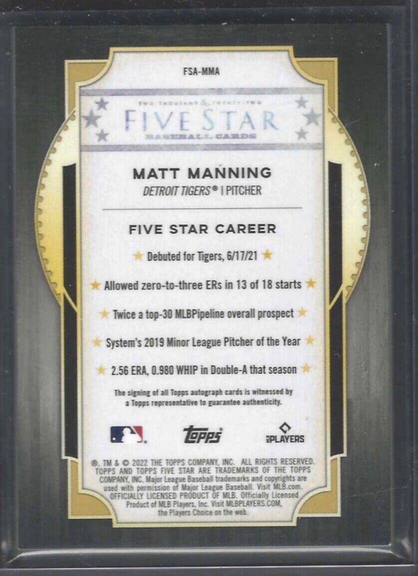 MATT MANNING 2022 TOPPS FIVE STAR CAREER ROOKIE ON CARD AUTO RC #FSA-MMA