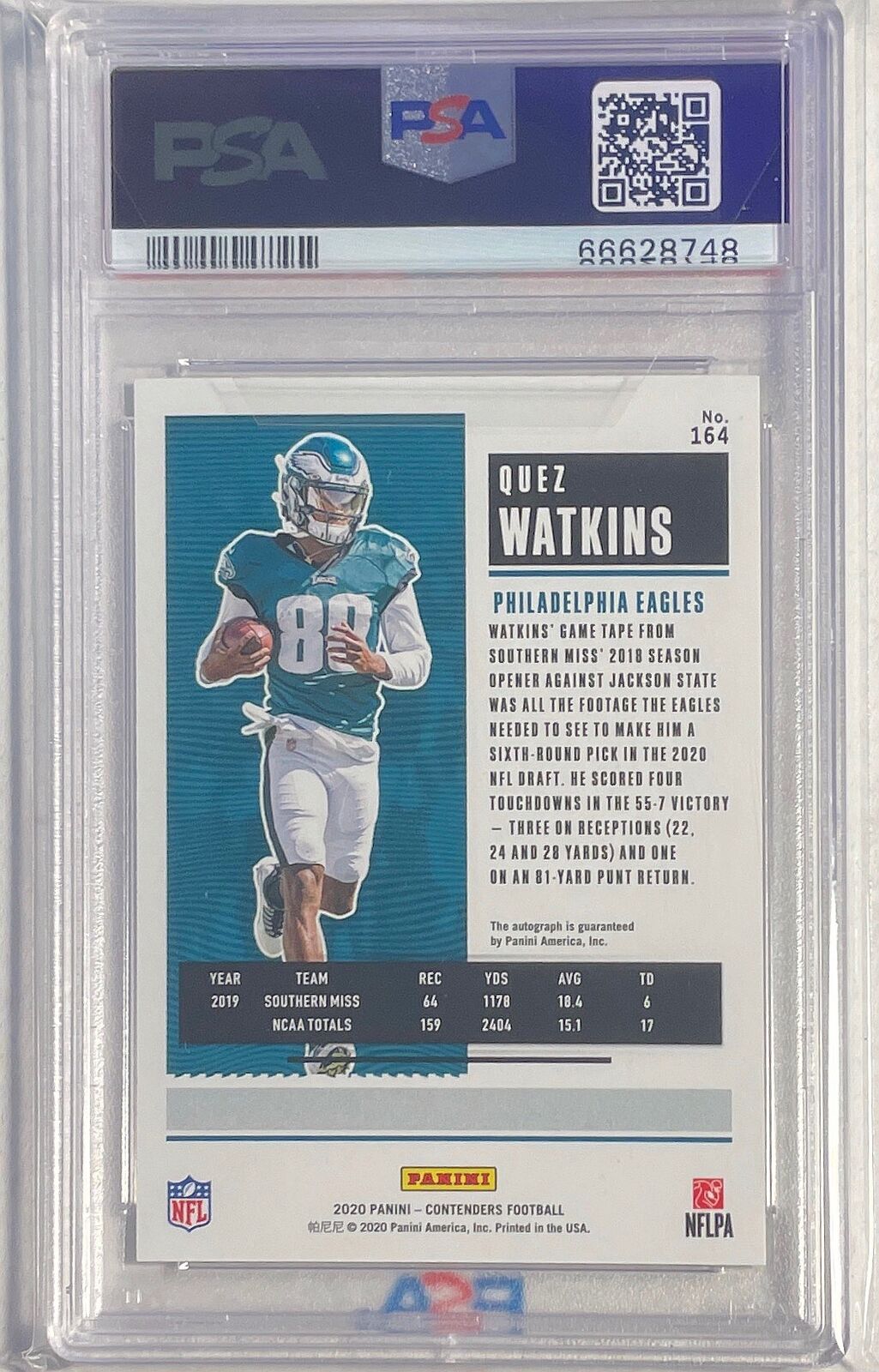 QUEZ WATKINS 2020 CONTENDERS ROOKIE TICKET AUTO RC #164 PSA 9 MINT POP 1/1