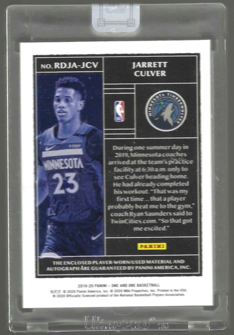 JARRETT CULVER 2019-20 PANINI ONE AND ONE BLUE ROOKIE DUAL PATCH AUTO RC #D /49