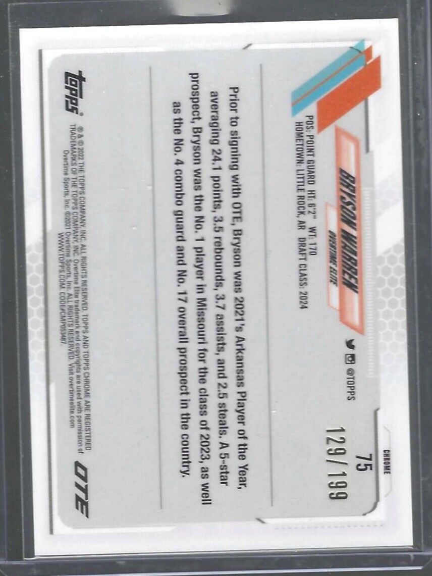 BRYSON WARREN 2021-22 TOPPS CHROME OTE AQUA WAVE REFRACTOR RC #D 129/199