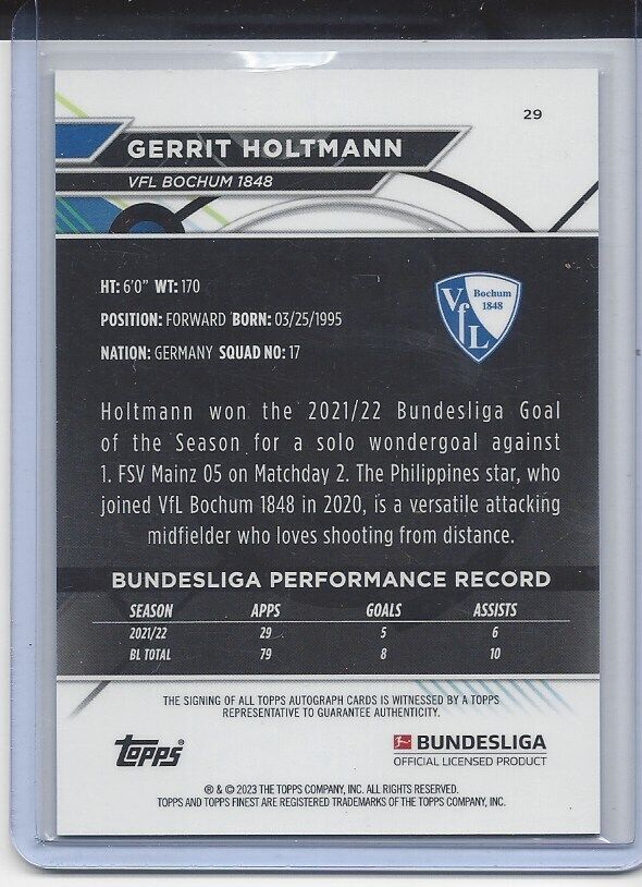 GERRIT HOLTMANN 2022-23 TOPPS FINEST BUNDESLIGA BOCHUM REFRACTOR AUTO #29