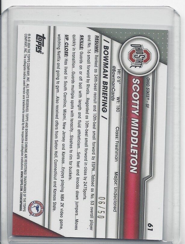 SCOTTY MIDDLETON 2023-24 BOWMAN CHROME UNIVERSITY 1ST GOLD SHIMMER REFRACTOR /50