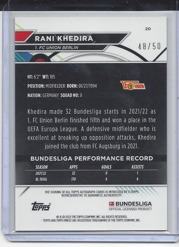 RANI KHEDIRA 2022-23 TOPPS FINEST BUNDESLIGA GREEN REFRACTOR AUTO #D 48/50