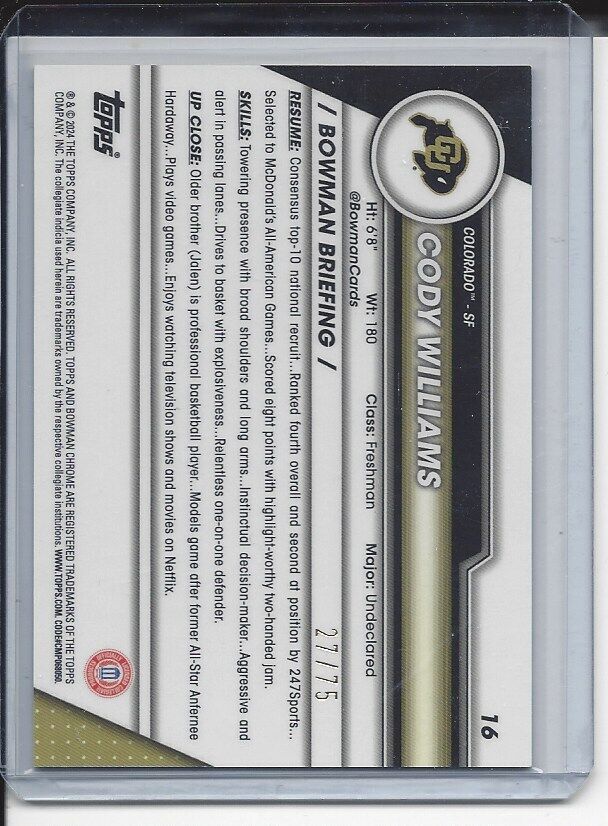 CODY WILLIAMS 2023-24 BOWMAN CHROME UNIVERSITY 1ST YELLOW REFRACTOR #D 27/75