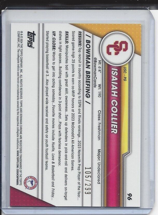 ISAIAH COLLIER 2023-24 BOWMAN CHROME UNIVERSITY 1ST AQUA WAVE REFRACTOR #D /299