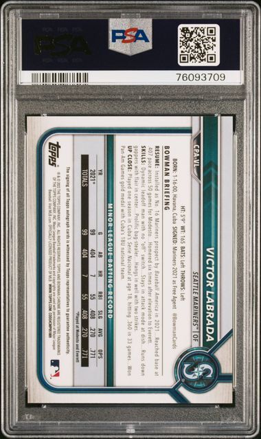 VICTOR LABRADA 2022 BOWMAN CHROME PROSPECT 1ST ON CARD AUTO PSA 10 GEM MINT