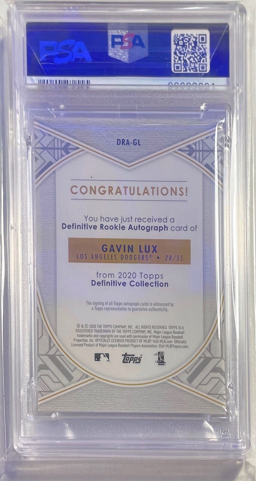 GAVIN LUX 2020 TOPPS DEFINITIVE COLLECTION ROOKIE AUTO RC #D 34/50 PSA 10 POP 2
