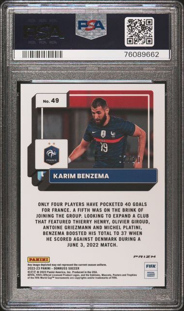 KARIM BENZEMA 2022-23 PANINI DONRUSS FIFA OPTIC GOLD PRIZM #D 7/10 PSA 10 POP 2