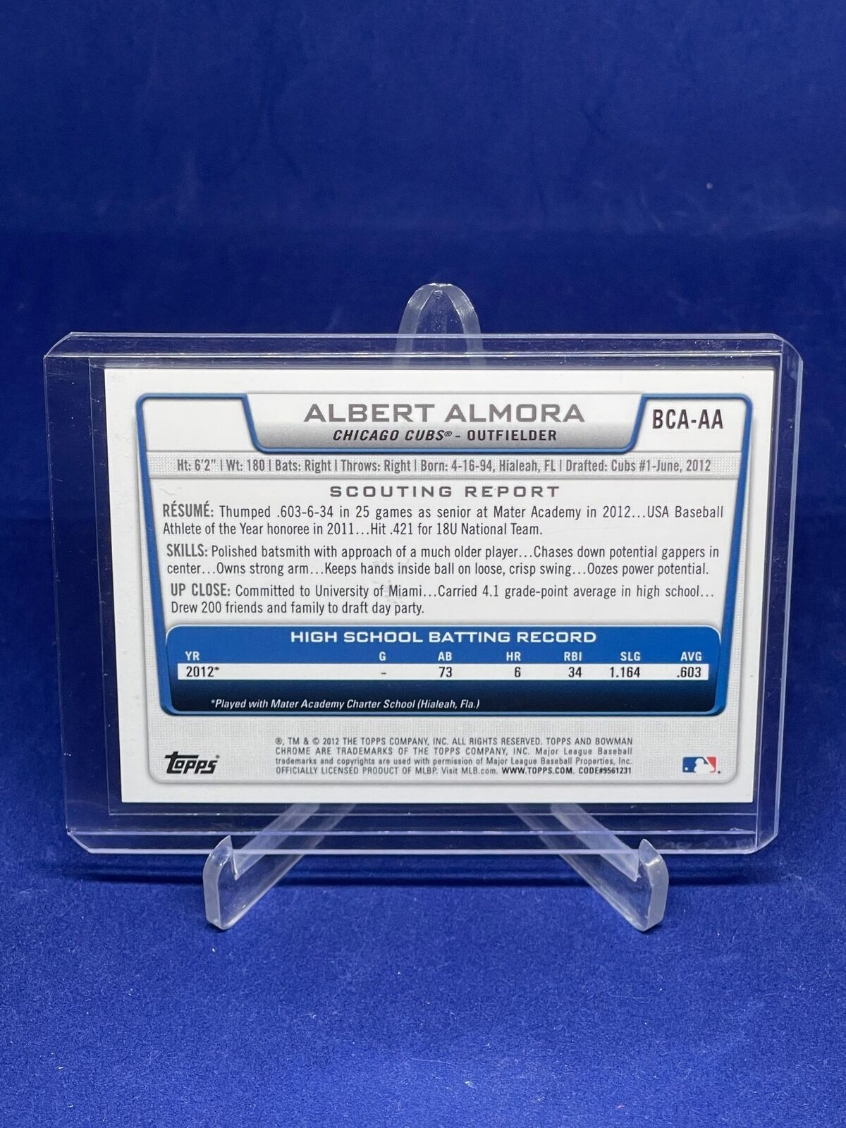 ALBERT ALMORA 2012 BOWMAN CHROME 1ST ON CARD AUTO PROSPECT