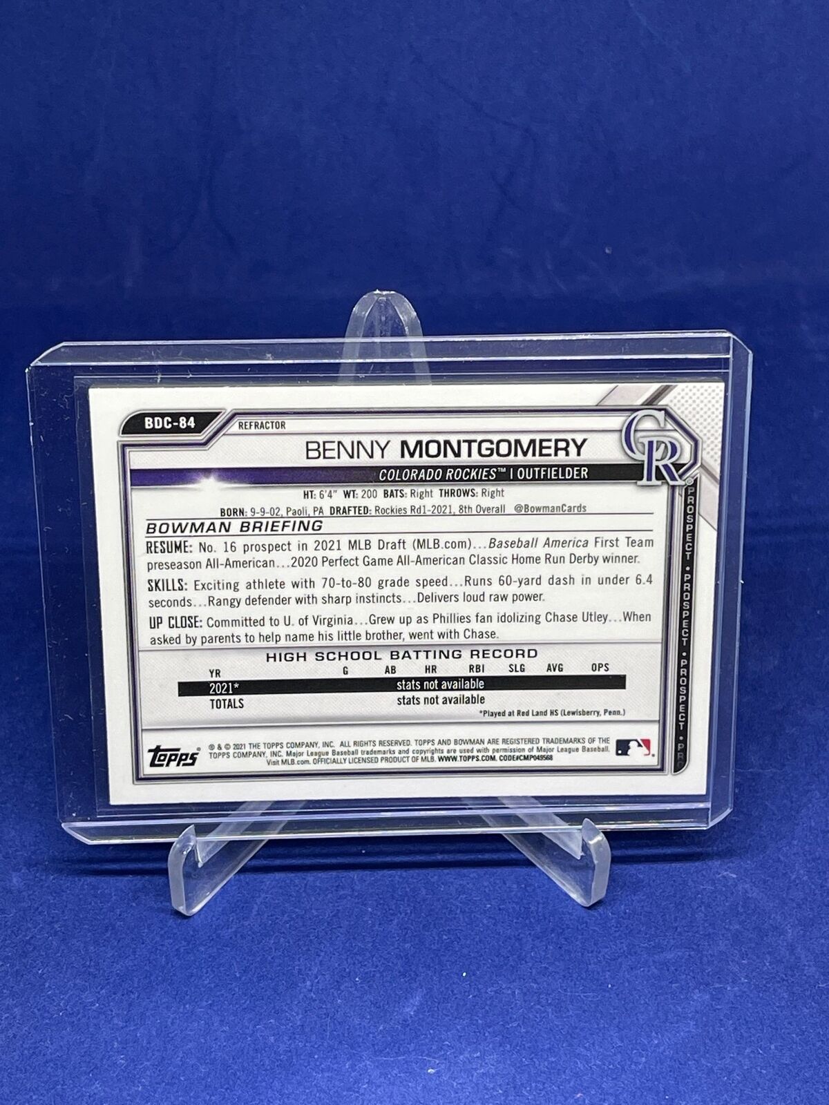 BENNY MONTGOMERY 2021 BOWMAN CHROME 1ST BOWMAN REFRACTOR PROSPECT