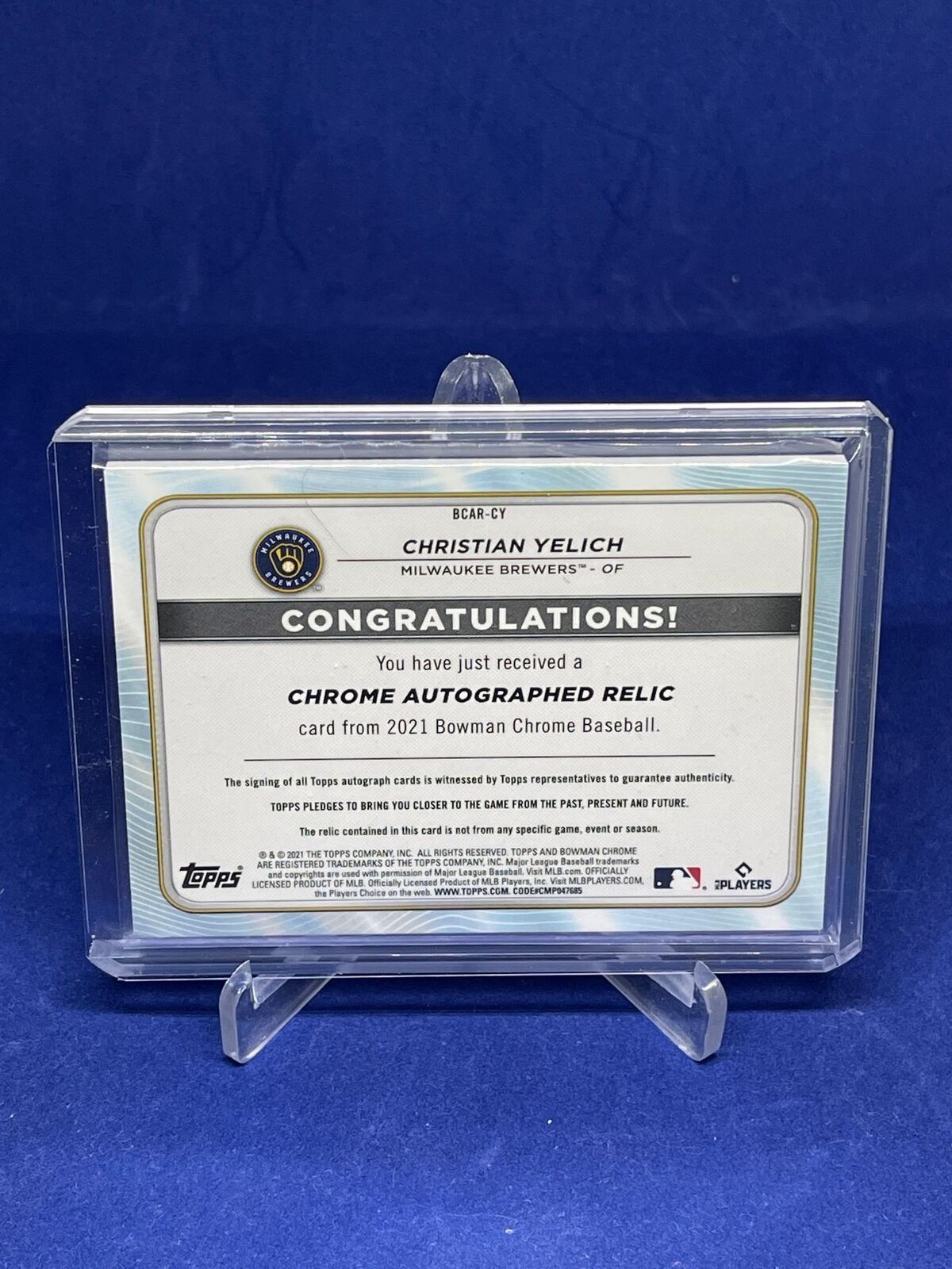 CHRISTIAN YELICH 2021 BOWMAN CHROME REFRACTOR JERSEY ON CARD AUTO #D 52/70