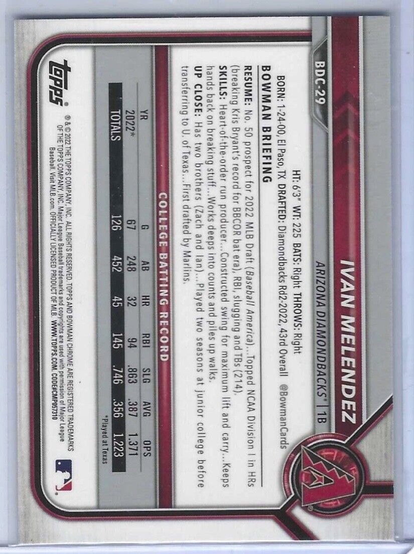 IVAN MELENDEZ 2022 BOWMAN CHROME SKY BLUE REFRACTOR 1ST PROSPECT #BDC-29
