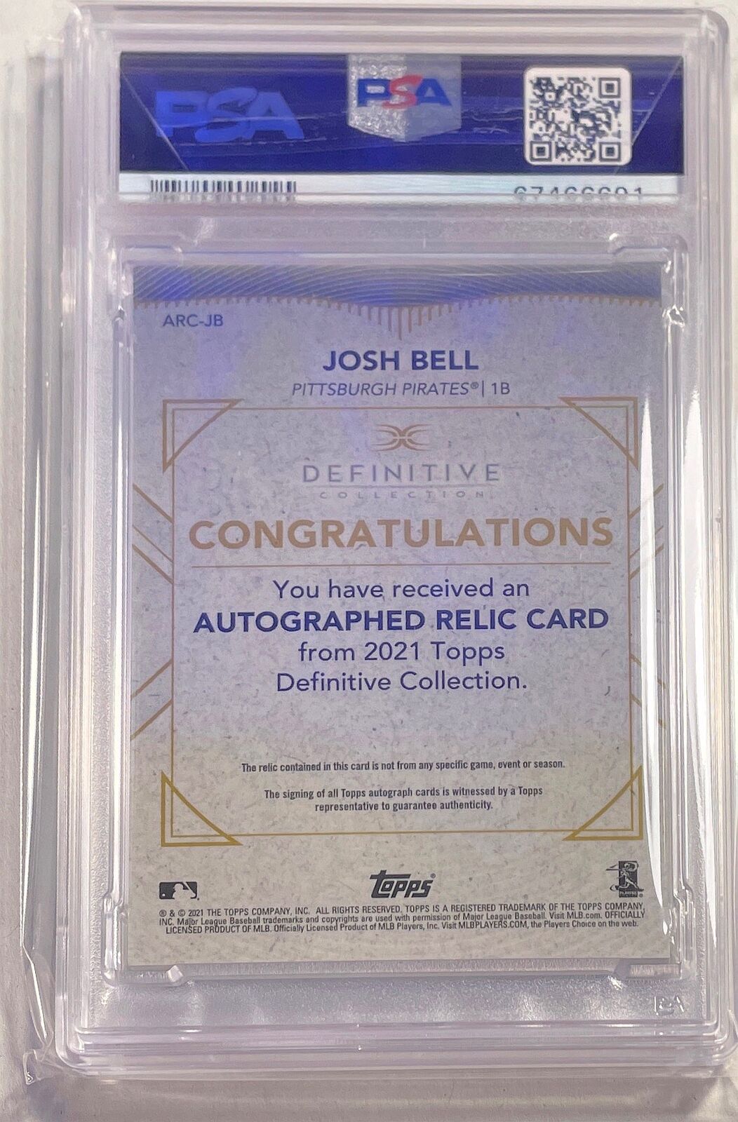 JOSH BELL 2021 TOPPS DEFINITIVE GREEN JUMBO PATCH AUTO #D 12/25 PSA 10 POP 1/1
