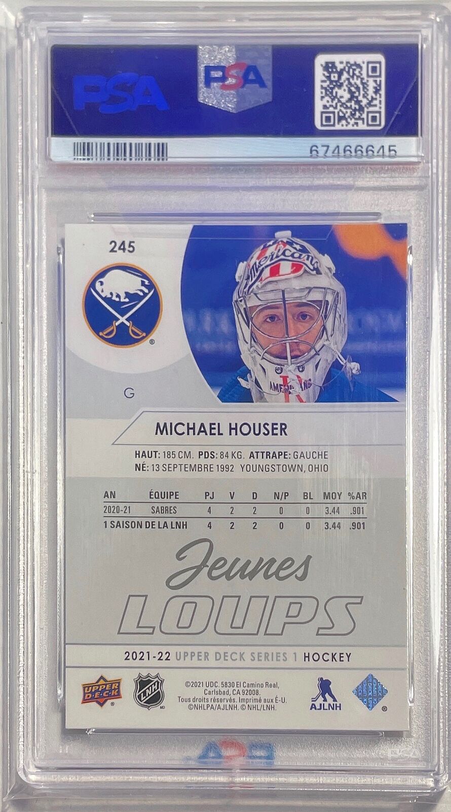 MICHAEL HOUSER 2021-22 UPPER DECK YOUNG GUNS JEUNES LOUPS FRENCH RC #245 PSA 9