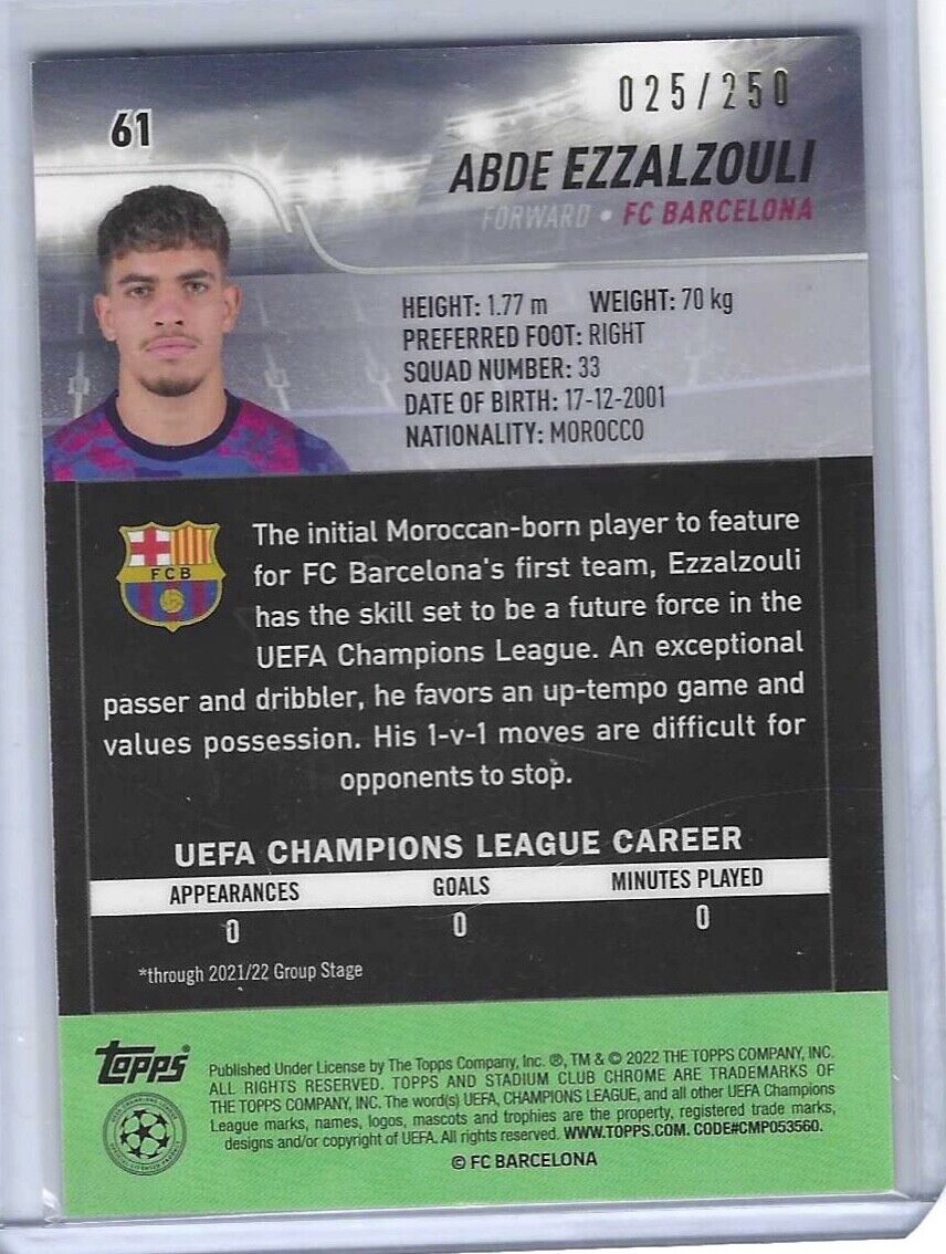 ABDE EZZALZOULI 2021-22 TOPPS STADIUM CLUB CHROME AQUA WAVE REFRACTOR RC #D /250