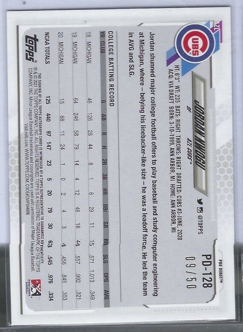JORDAN NWOGU 2021 TOPPS PRO DEBUT GOLD PROSPECT AUTO #D 09/50