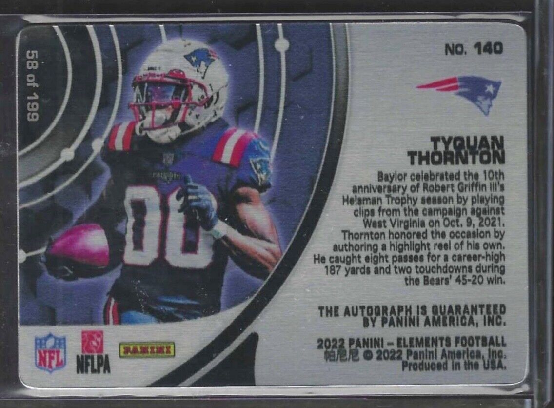 TYQUAN THORNTON 2022 PANINI ELEMENTS ROOKIE STEEL ON CARD AUTO RC #D 58/199