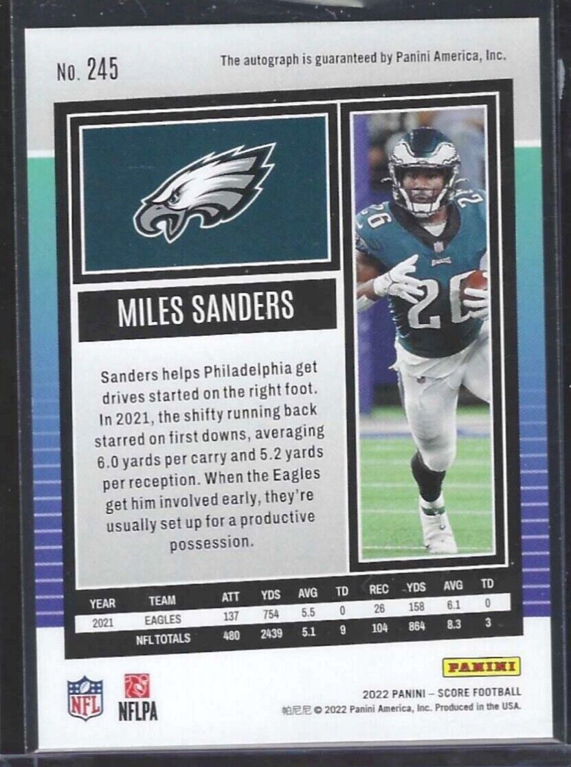 MILES SANDERS 2022 PANINI SCORE GREEN FOIL END ZONE AUTO #D 3/6