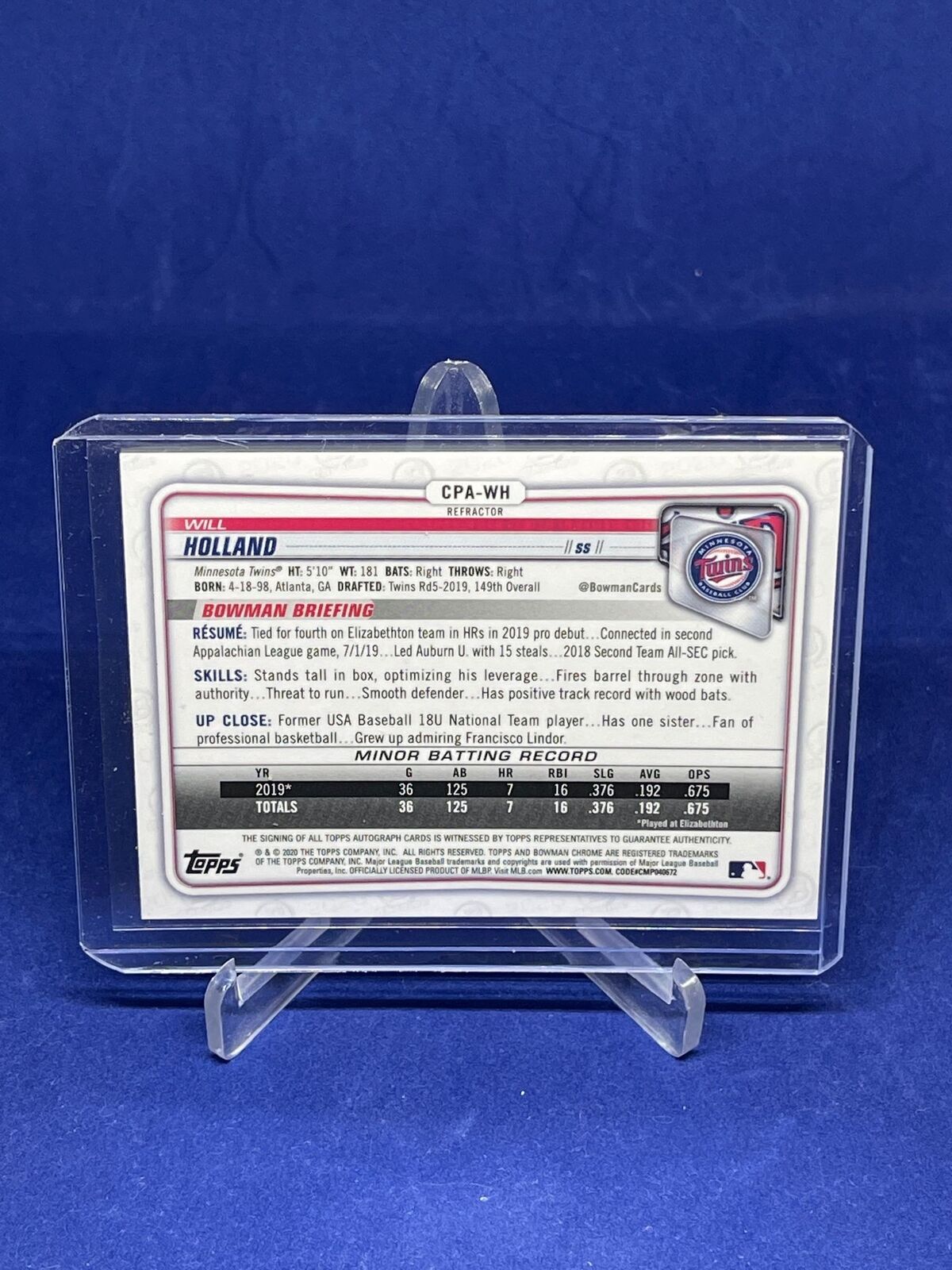 WILL HOLLAND 2O2O BOWMAN CHROME 1ST BOWMAN REFRACTOR AUTO PROSPECT #D 126/499