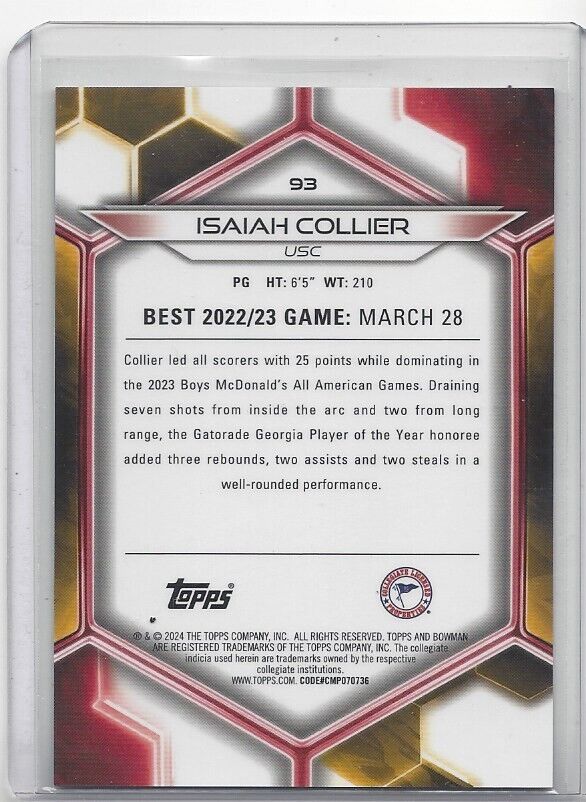 ISAIAH COLLIER 2023 BOWMANS BEST UNIVERSITY YELLOW REFRACTOR #D /75
