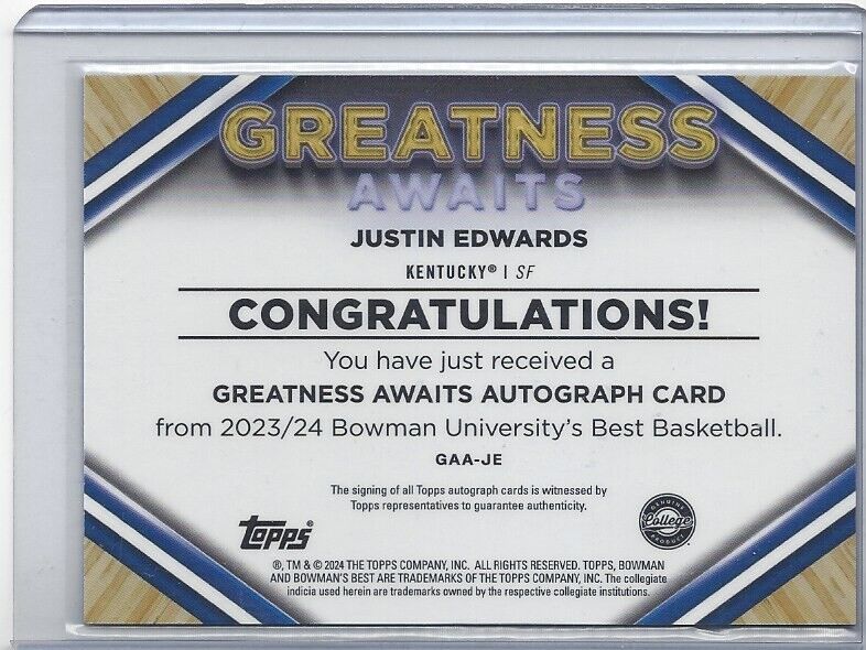 JUSTIN EDWARDS 2023 BOWMANS BEST GREATNESS AWAITS REFRACTOR ON CARD AUTO #D /75