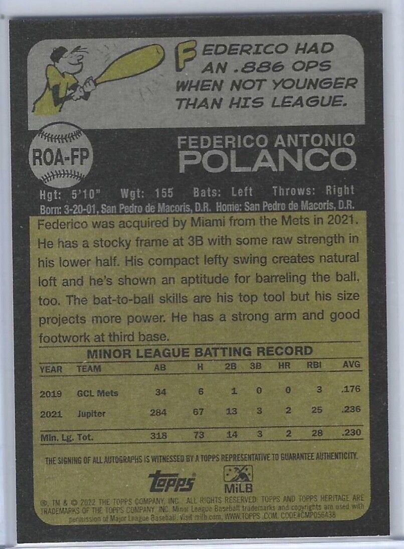 FEDERICO POLANCO 2022 TOPPS HERITAGE MINOR LEAGUE PROSPECT REAL ONE AUTO #ROA-FP