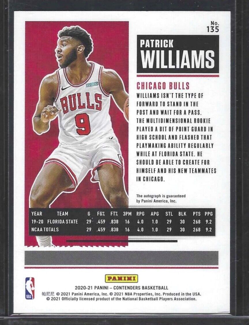 PATRICK WILLIAMS 2020-21 PANINI CONTENDERS ROOKIE TICKET ON CARD AUTO RC #135