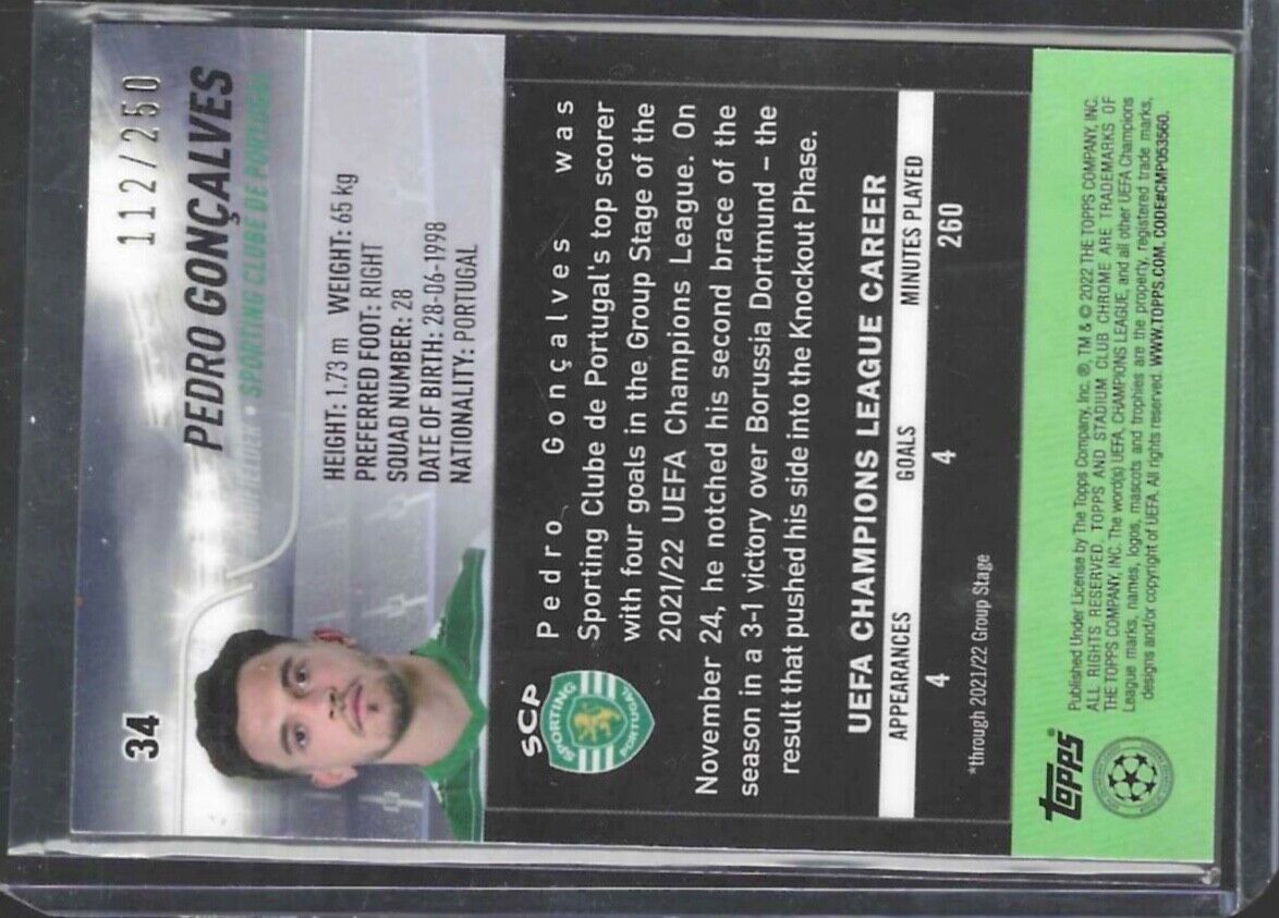 PEDRO GONCALVES 2020-21 TOPPS STADIUM CLUB CHROME AQUA WAVE REFRACTOR RC #D /250