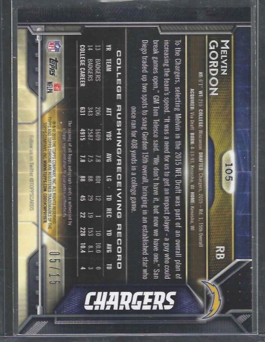 MELVIN GORDON 2015 TOPPS CHROME PULSAR REFRACTOR ROOKIE AUTO RC #D 05/15