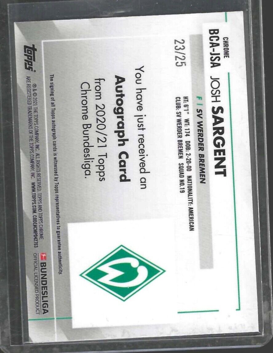 JOSH SARGENT 2020-21 TOPPS CHROME BUNDESLIGA ORANGE REFRACTOR AUTO #D 23/25