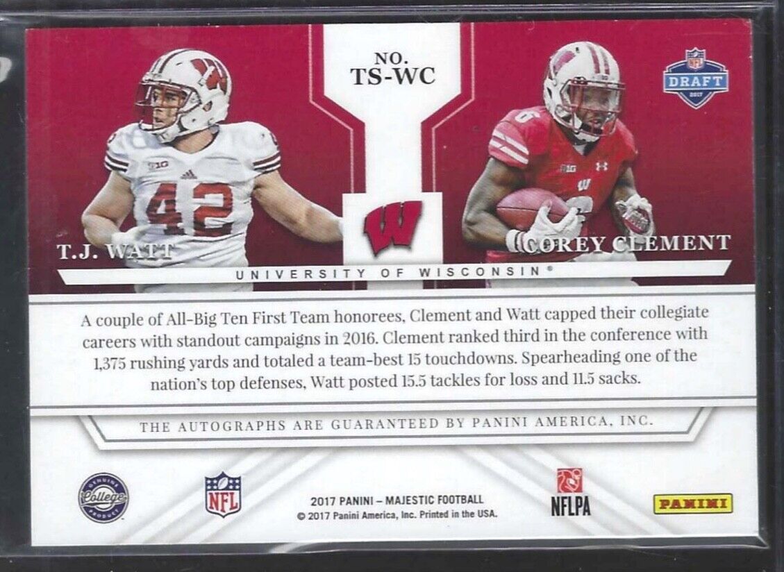 T.J. WATT COREY CLEMENT 2017 PANINI MAJESTIC TEAM SIGNS DUAL ROOKIE AUTO RC /99